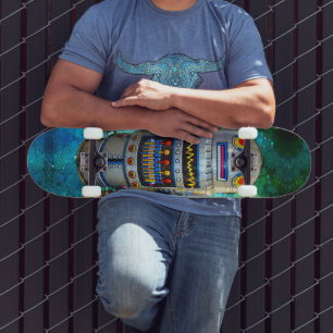 Roboter in Vintager Retro Blue Green Galaxy Cool N Skateboard