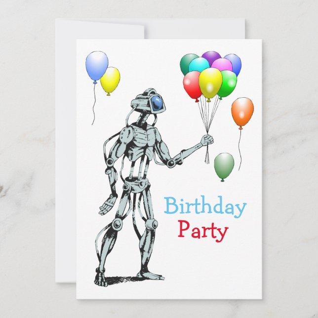 Roboter mit Balloons Einladung zum Geburtstag (Vorderseite)