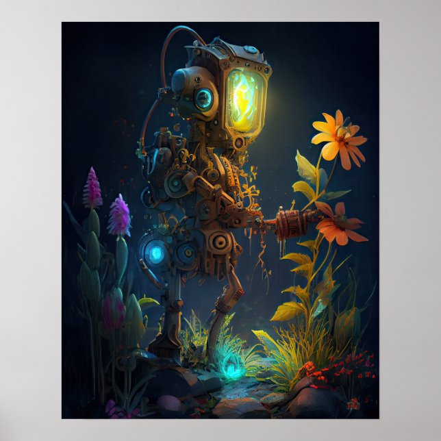 Roboter mit Blick auf Blume Poster (Vorne)