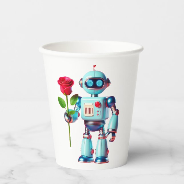 Roboter mit Rose Pappbecher (Vorderseite)