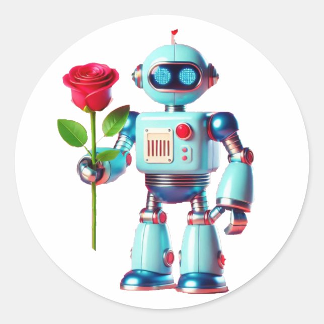 Roboter mit Rose Runder Aufkleber (Vorderseite)