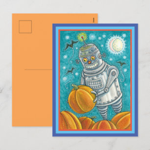 ROBOTER PFLÜCKT KÜRBISSE, HALLOWEEN MECHANISCHER M FEIERTAGSPOSTKARTE