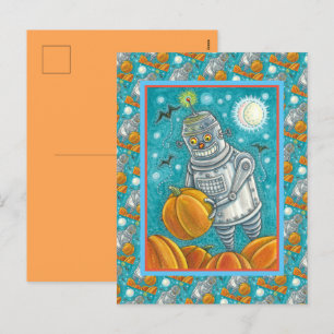 ROBOTER PFLÜCKT KÜRBISSE, HALLOWEEN MECHANISCHER M FEIERTAGSPOSTKARTE