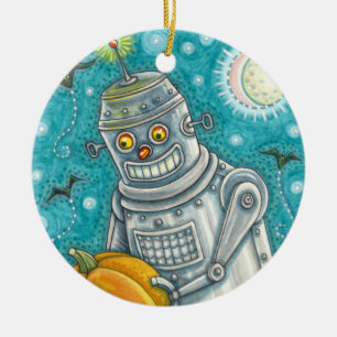 ROBOTER PFLÜCKT KÜRBISSE, HALLOWEEN MECHANISCHER M KERAMIK ORNAMENT