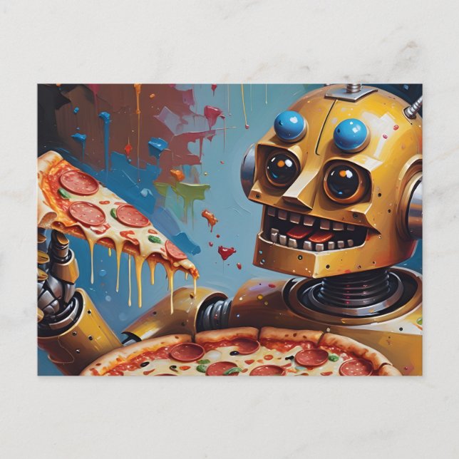 Roboter Pizza Postkarte (Vorderseite)