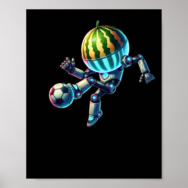 Roboter Wassermelonen Kopf Fußball Fussball Dribbl Poster (Vorne)