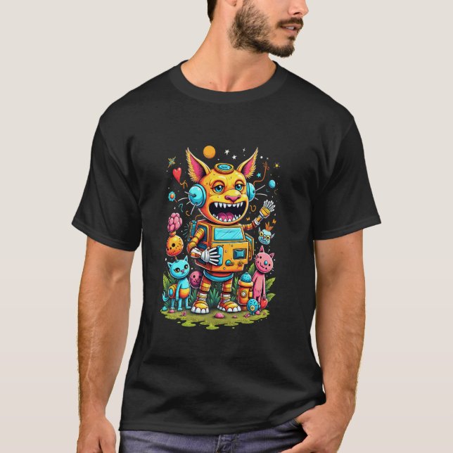 Roboterkatze Monster Fantasy Spaß T-Shirt (Vorderseite)