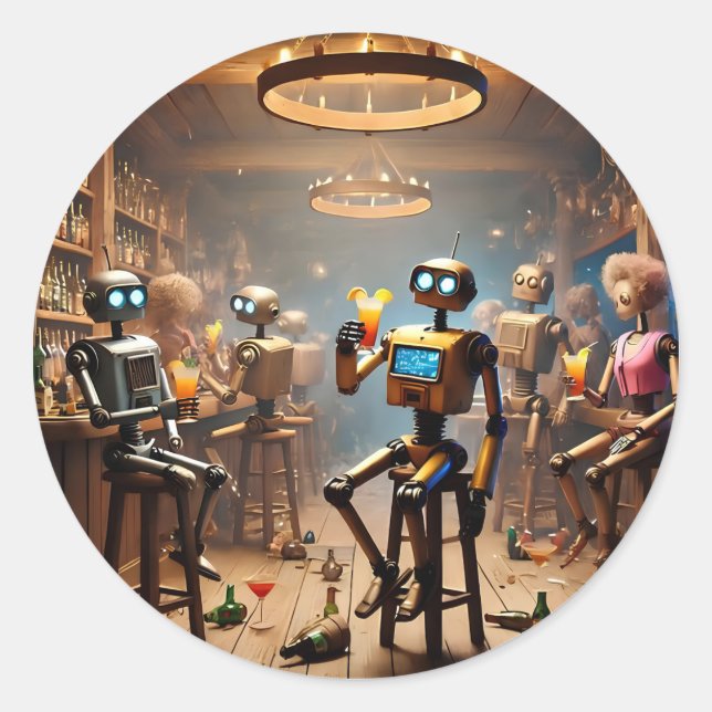 robots having fun in a bar runder aufkleber (Vorderseite)