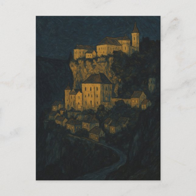 Rocamadour bei Sonnenuntergang – Vintage-Illustrat Postkarte (Vorderseite)