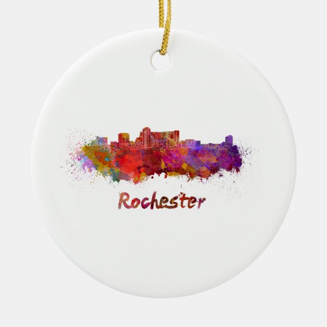 Rochester MN Skyline in Aquarellfarbe Keramik Ornament (Vorne)