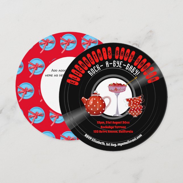 Rock-A-Bye-BABY Duschkabine Retro Party Red Einladung (Vorne/Hinten)