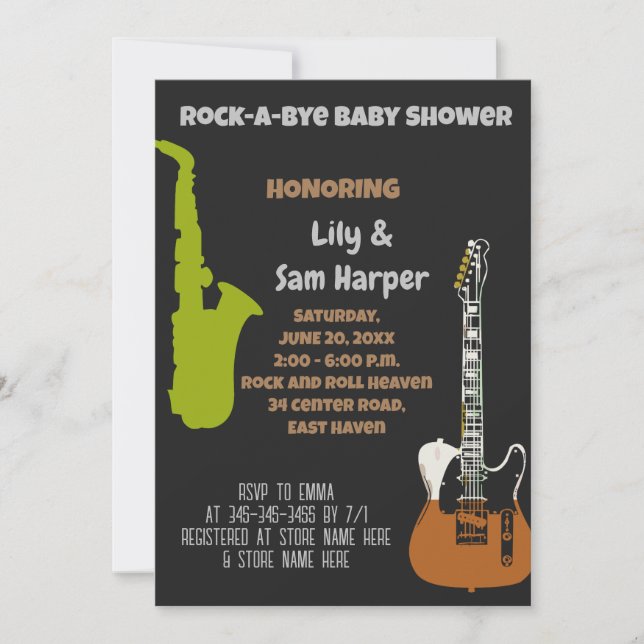 Rock a Bye Guitar Rock Star Kinderdusche Einladung (Vorderseite)