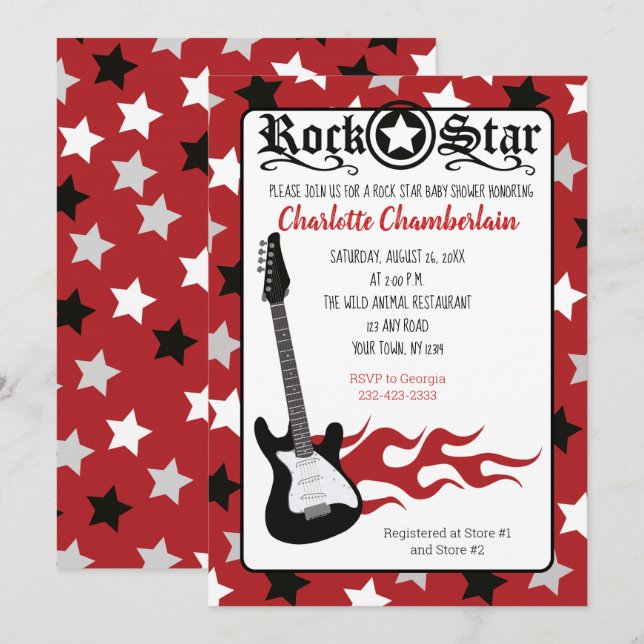 Rock a Bye Red Rock Star Gitarrendusche Einladung (Vorne/Hinten)