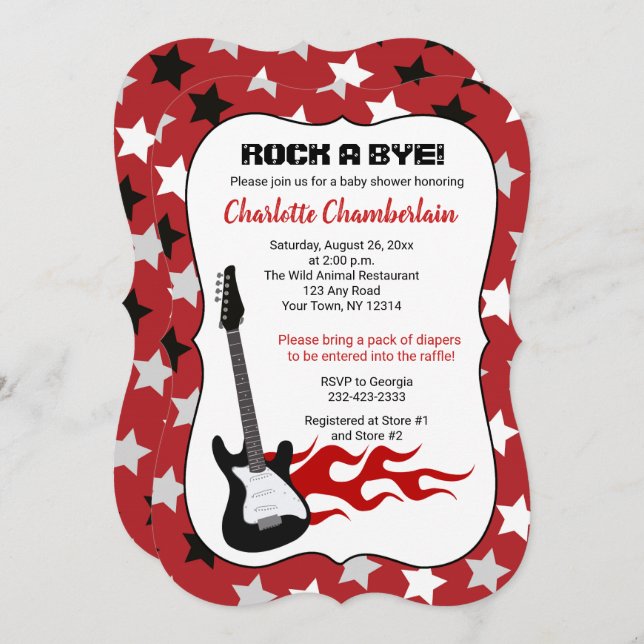 Rock a Bye Red Rock Star Gitarrendusche Einladung (Vorne/Hinten)