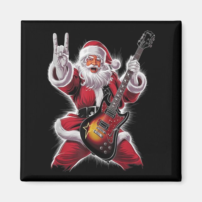 Rock &amp; Roll Christmas Santa Claus Guitar Playe Magnet (Vorne)