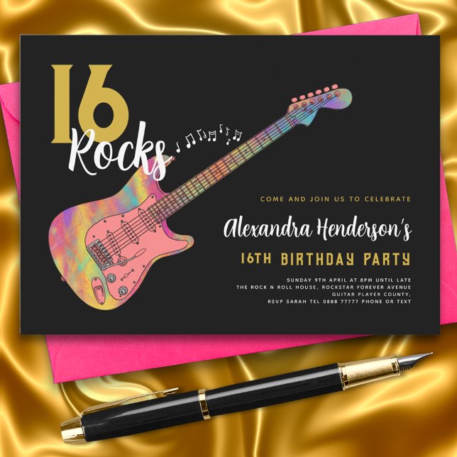 Rock and Roll 16. Geburtstagsparty Einladung (Rock and roll 16th birthday party black and gold invitation )