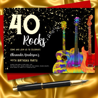 Rock and Roll 40. Geburtstag Party Black and Gold Folieneinladung