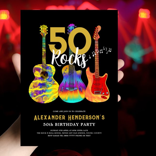 Rock and Roll 50. Geburtstag Einladung (50th birthday party invitation for him 50 rocks funky psychedelic guitar music black and gold )