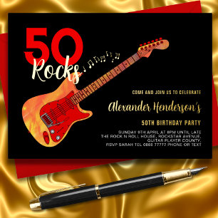 Rock and Roll 50. Geburtstagsfeier Schwarz Gold Folieneinladung