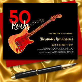 Rock and Roll 50. Geburtstagsparty Black Gold Folie Einladungspostkarte