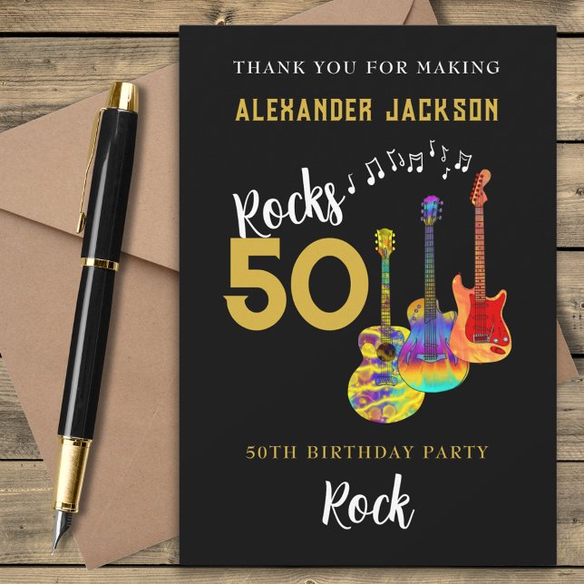 Rock and Roll 50. Geburtstagsparty Danke (Rock and roll 50th birthday party thank you card funky guitars cool gold typography on black)
