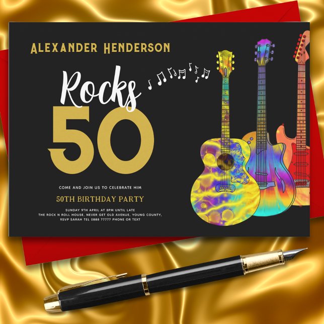 Rock and Roll 50. Geburtstagsparty Einladung (Rock and roll guitar black and gold 50th birthday party invitation )