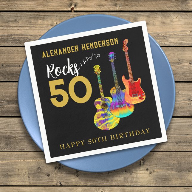Rock and Roll 50. Geburtstagsparty Serviette (Rock and roll 50th birthday party napkin for him funky guitars cool gold typography on Black)