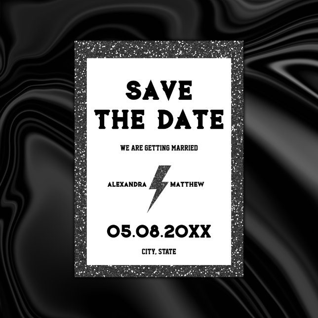 Rock and Roll Black Glitzer Retro Save The Date (rock and roll save the date black glitter rock black wedding retro vintage)