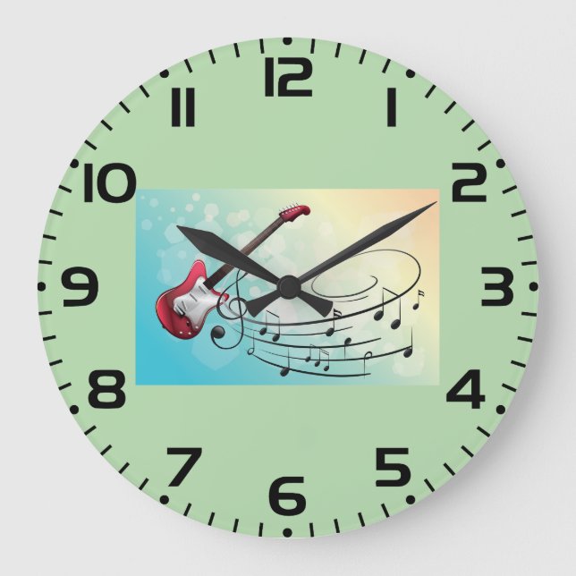Rock and Roll Electric Guitar Swirling Music Notes Große Wanduhr (Vorderseite)