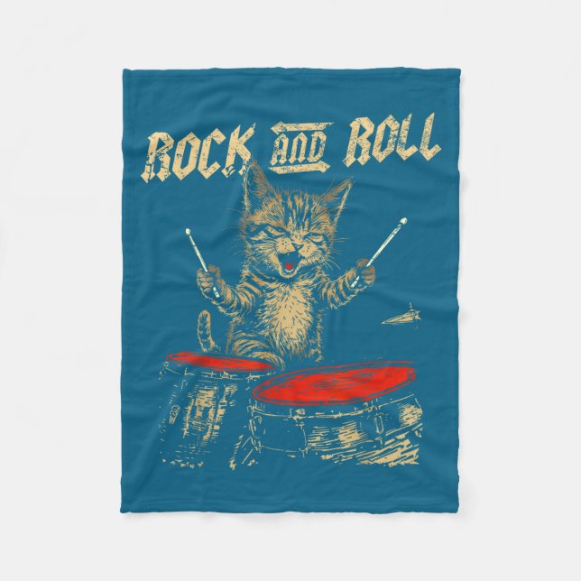 Rock And Roll Funny Cat Playing Drum For Men Women Fleecedecke (Vorderseite)