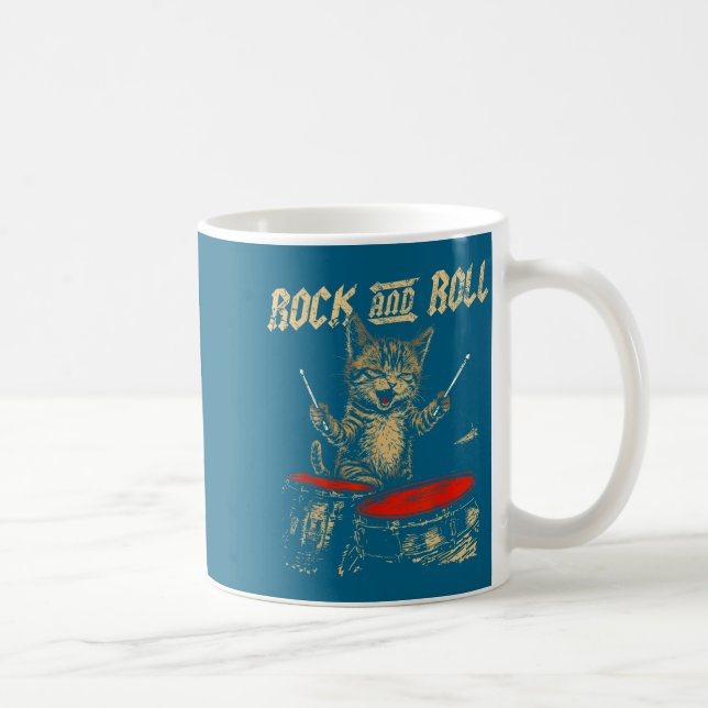 Rock And Roll Funny Cat Playing Drum For Men Women Kaffeetasse (Rechts)