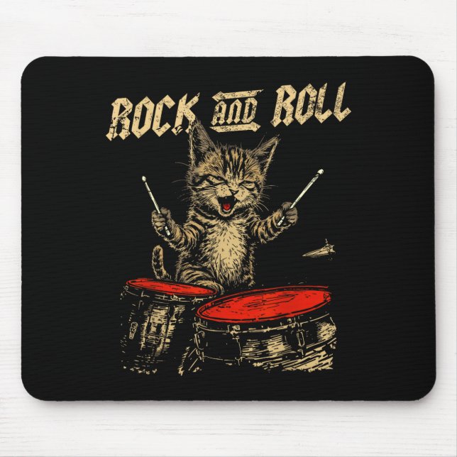 Rock And Roll Funny Cat Playing Drum For Men Women Mousepad (Vorne)