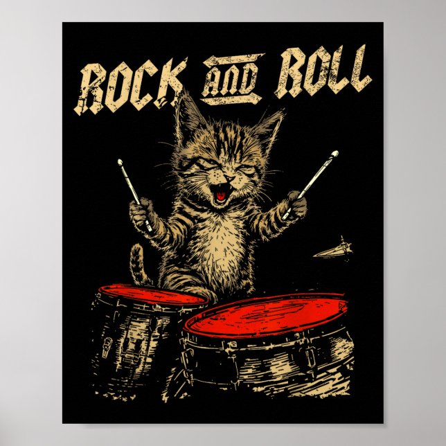 Rock And Roll Funny Cat Playing Drum For Men Women Poster (Vorne)