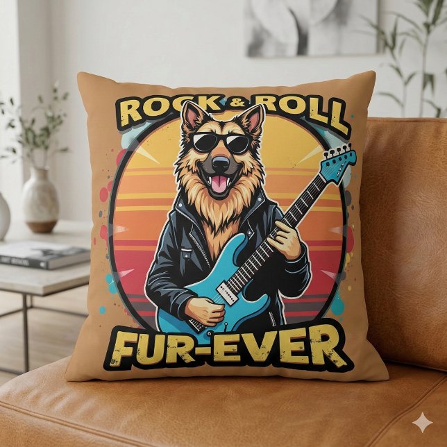Rock and Roll German Shepherd Retro Sunset Art Kissen (Rock and Roll German Shepherd Retro Sunset Art Throw Pillow Mockup A)