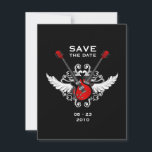 Rock and Roll Gitarren Save the Date<br><div class="desc">Mit dieser unkonventionellen Save the Date-Karte im Rock-Roll-Stil mit gekreuzten roten Rock-Gitarren,  Flügeln und Vintagen Ornamenten auf schwarz verkünden Sie Ihre Hochzeit. Personalisieren Sie es mit Ihren eigenen Informationen oder passen Sie es weiter an,  wenn Sie das Layout,  die Farben,  den Text oder die Einladungsgröße ändern möchten.</div>