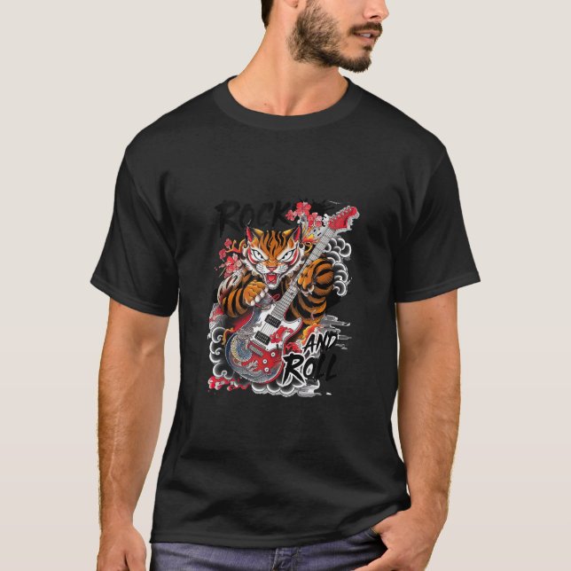 Rock and Roll Guitar Classic Japanese Tiger Tattoo T-Shirt (Vorderseite)
