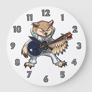 Rock and Roll Guitar Owl in Jumpsuit Cartoon Große Wanduhr