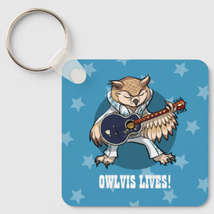 Rock and Roll Guitar Owl in Jumpsuit Cartoon Schlüsselanhänger