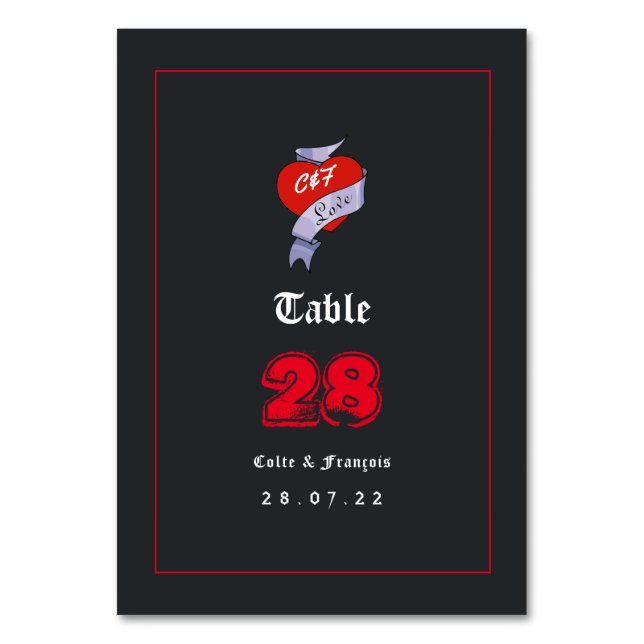 Rock and Roll Hochzeitsmonogramm Tischnummer (Vorderseite)