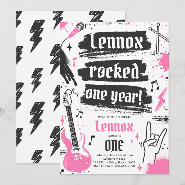 Rock and Roll Party Rocked One Year 1 Einladung (Vorne/Hinten)