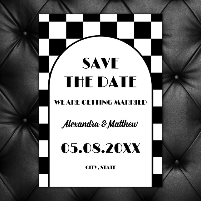 Rock and Roll Schwarz-weiß Retro 50er Save The Date (retro rock and roll save the date black and white grid rock black wedding vintage)
