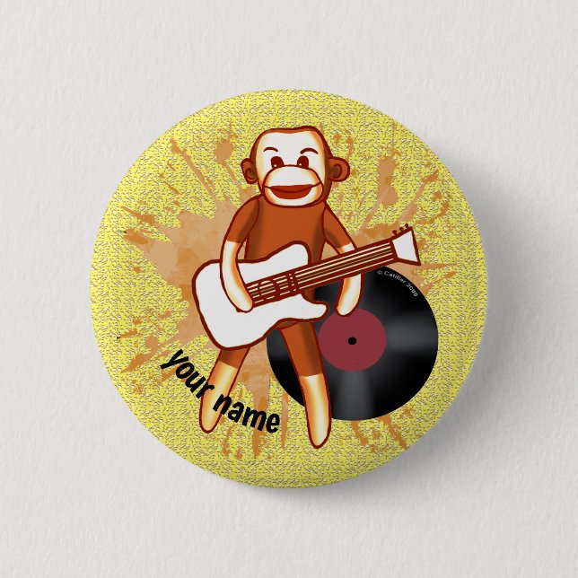 Rock and Roll Sock Monkey benutzerdefinierter Name Button (Vorderseite)