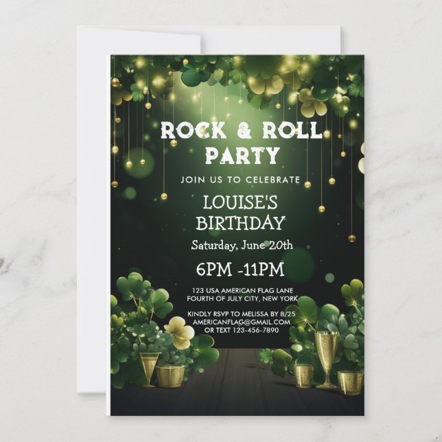 Rock and Roll St Patrick Party Klee und Gold Einladung (Vorderseite)