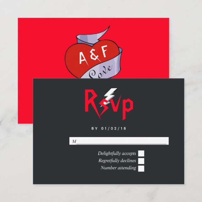 Rock and Roll Wedding Monogram RSVP Karte (Vorne/Hinten)