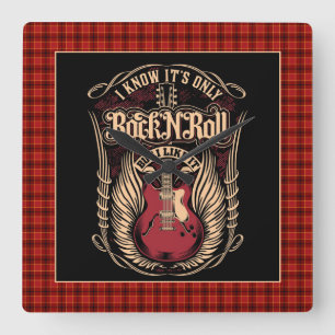 Rock and Roll Zitat mit Gitarre Quadratische Wanduhr