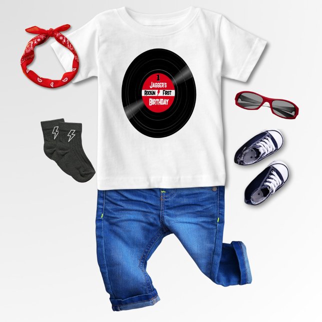 Rock Baby First Birthday Vinyl Record Red Label T-shirt (Personalized Vinyl Record T-Shirt for Baby's First Rock and Roll Birthday)