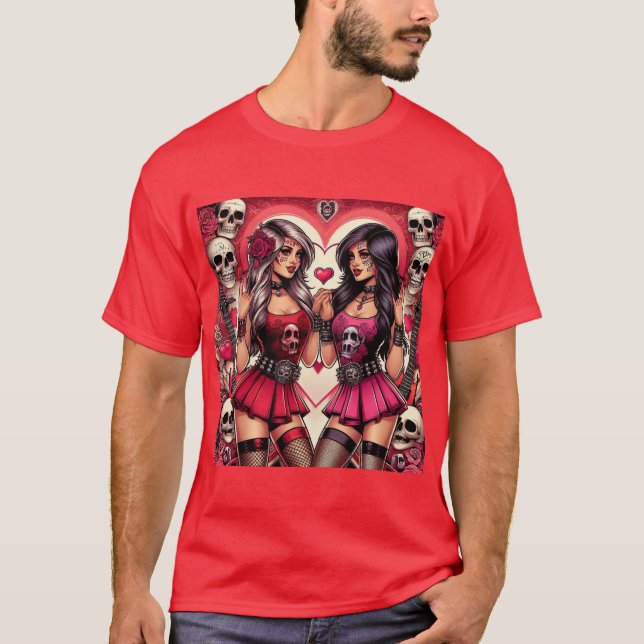 Rock & Calaveras: Chicas del Día de Muertos T-Shirt (Vorderseite)