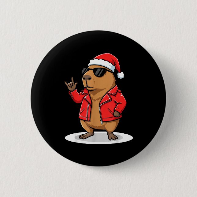 Rock Capybara Xmas Santa Men Women Kids Funny Ugly Button (Vorderseite)