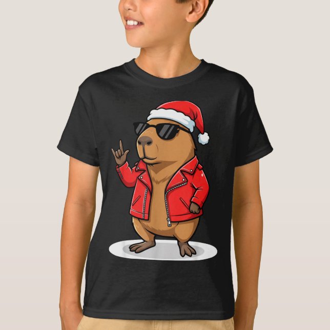 Rock Capybara Xmas Santa Men Women Kids Funny Ugly T-Shirt (Vorderseite)