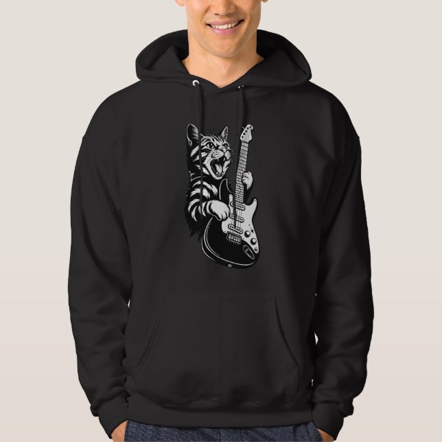 Rock Cat Playing Electric Guitar, Cool Music Lover Hoodie (Vorderseite)
